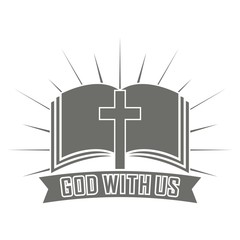 Black and white illustration cross bible rays and banner with text. Vector illustration on religious theme