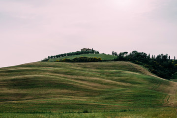 Fototapeta premium Beautiful idyllic Tuscany landscape with farmhouse in the hills of Orcia Valley,Tuscany, Italy. Top eco tourism and travel in Italy. The concept of ecological tourism.