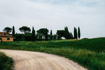 Tuscany, rural landscape. Countryside farm, cypresses trees, green field and rural road. Agritourism of Tuscany. Travel to the agricultural region Italy, Europe.