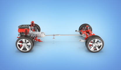 Suspension of the car with wheel and engine Undercarriage in detail isolated on blue gadeint background 3d