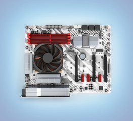 Motherboard with realistic chips and cooling system top view isolated on blue gradient background 3d render
