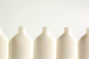 Image of a row of bottle-type plastic containers with space for text