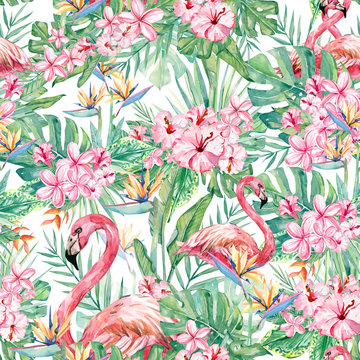 watercolor seamless patetrn tropical floral and flamingo, colorful exotic summer print with floral elements leaves, branches for the textile fabric and wallpapers