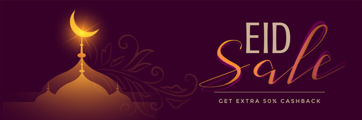 glowing beautiful mosque eid sale banner