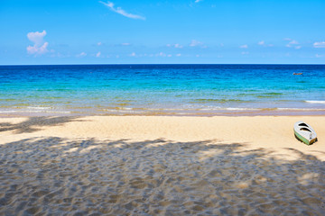 Tranquil beach scene. Exotic tropical beach landscape for background or wallpaper. Design of summer vacation holiday concept.