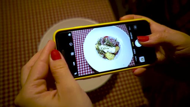 Female hands photographing salad with phone. Woman make photo of salad