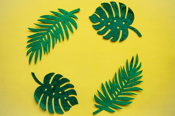 Fototapeta na wymiar Felt tropical leaves Fern and Monstera on a yellow background in minimal style. Summer design.