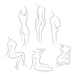 Collection. Silhouettes of lovely ladies. Beautiful girls stand and sit in different poses. The figures of women are nude, feminine and slender. Vector illustration set