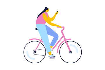 Young woman riding bicycles reading  messages on mobile phone. Flat vector illustration.