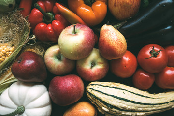 Fresh vegetables and fruits background. Toned image.
