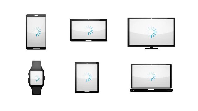 Multiple Devices Loading Technology Icons Set/ 4k animation of a pack of multiple devices technology icons and symbols, including smartphones, table pc, laptop, watch and screen for business