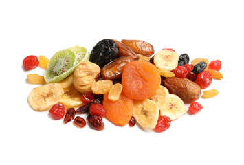 Different dried fruits on white background. Healthy lifestyle