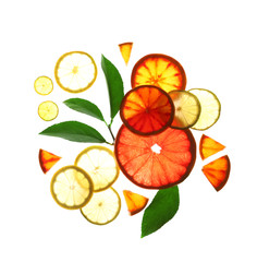 Illuminated slices of citrus fruits and leaves on white background, top view