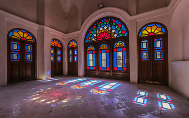 beautiful stained glass windows in an old house in Kashan, Iran