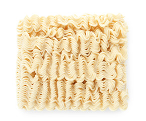 Quick cooking noodles isolated on white, top view