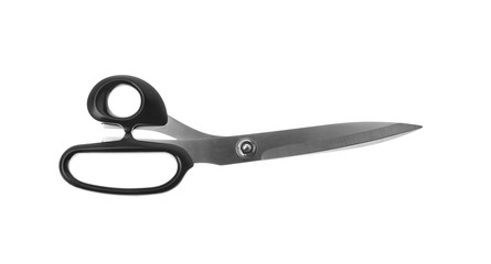 Pair of sharp sewing scissors on white background