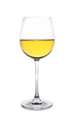 Glass of delicious expensive wine on white background