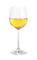Glass of delicious expensive wine on white background