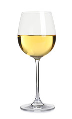 Glass of delicious expensive wine on white background