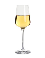 Glass of delicious expensive wine on white background