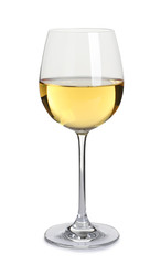 Glass of delicious expensive wine on white background