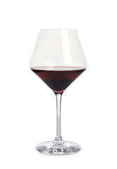 Glass of delicious expensive red wine on white background