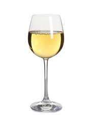 Glass of delicious expensive wine on white background