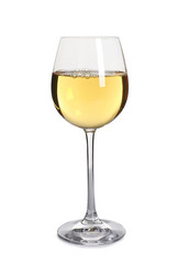 Glass of delicious expensive wine on white background