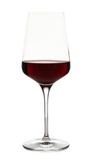 Glass of delicious expensive red wine on white background