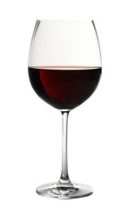 Glass of delicious expensive red wine on white background