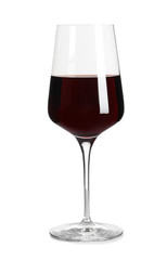 Glass of delicious expensive red wine on white background