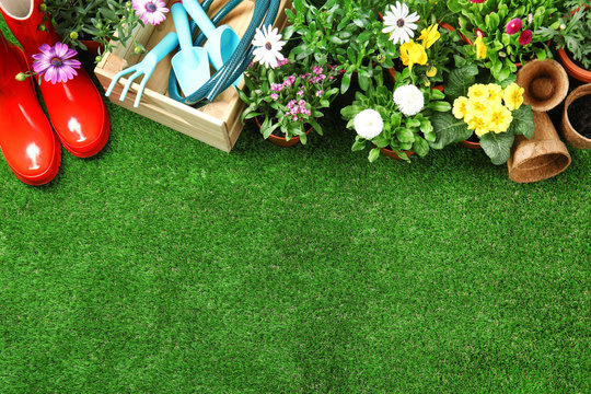 Flat Lay Composition With Gardening Equipment And Flowers On Green Grass, Space For Text