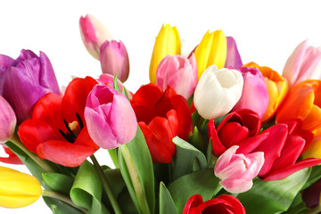 Fototapeta premium Beautiful bouquet of bright tulip flowers on light background, closeup