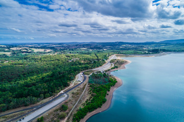 Fototapeta na wymiar Aerial landscape of Cardinia Reservoir in Emerald, Victoria, Australia