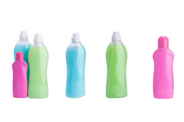 set of multi-colored bottles with detergents, collage and isolated on white