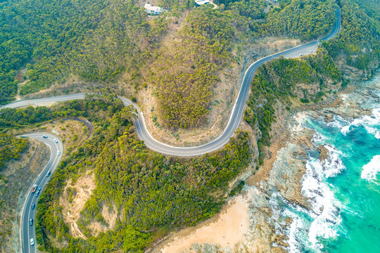 Picturesque bends of the famous Great Ocean Road next to the beautiful coastline