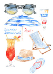 watercolor set of illustrations about summer vacation drawn on paper