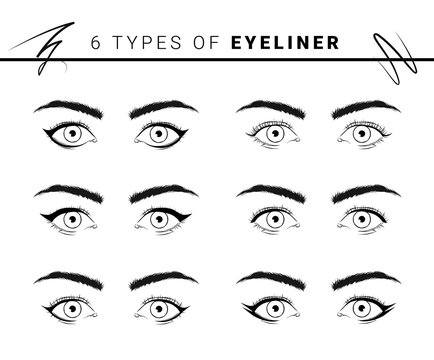 Vector illustration of various types and styles of eyeliner on white background