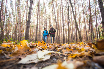 adventure, travel, tourism, hike and people concept - smiling couple walking with backpacks over autumn natural background