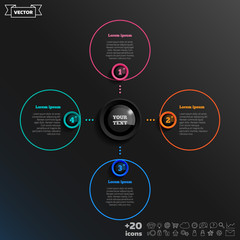 Vector infographic design with colorful circle on the black background. Business concept. 4 options, parts, steps. Can be used for graph, diagram, chart, workflow layout, number options, web