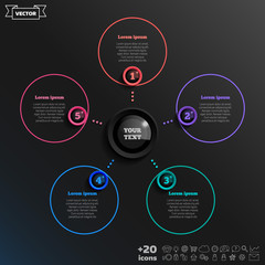 Vector infographic design with colorful circle on the black background. Business concept. 5 options, parts, steps. Can be used for graph, diagram, chart, workflow layout, number options, web
