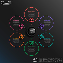 Vector infographic design with colorful circle on the black background. Business concept. 6 options, parts, steps. Can be used for graph, diagram, chart, workflow layout, number options, web
