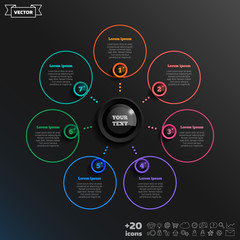 Vector infographic design with colorful circle on the black background. Business concept. 7 options, parts, steps. Can be used for graph, diagram, chart, workflow layout, number options, web