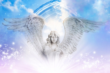 a beautiful angel archanegl with big wings over a mystical Divine sky with a gate and stars