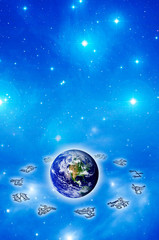 Obraz na płótnie Canvas zodiac signs with Earth over blue background with stars like astrology background
