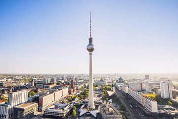 Aerial view of Berlin skyline with famous TV tower at Alexanderplatz in city center. Popular travel...