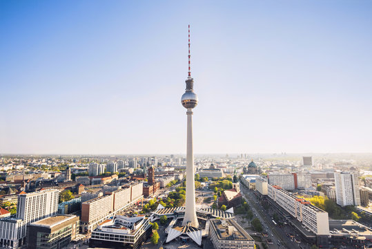 Aerial view of Berlin skyline with famous TV tower at Alexanderplatz in city center. Popular travel destination and tourist attraction, Germany