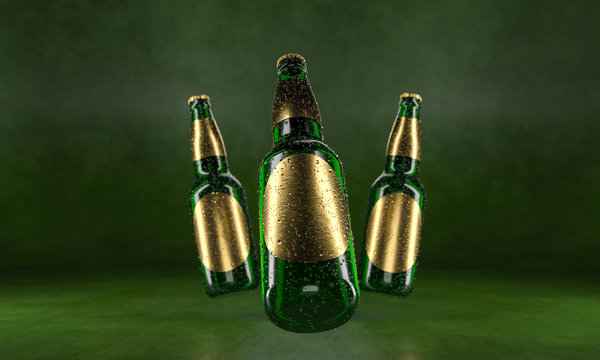 Three beer bottles standing on a rustic green table. Beer mock up. Wet beer bottles withgolden labels and water drops Mockup. Alcohol advertising picture banner. 3d rendering.