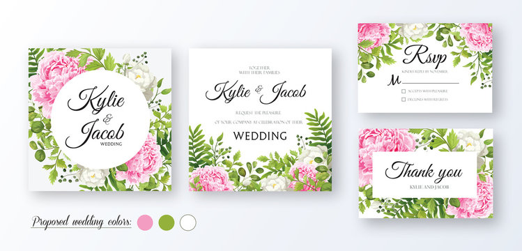 Wedding Invitation, Thank You, Rsvp Card. Floral Design With Green Watercolor Leaves, Pink And White Flower Rose, Peony Foliage Greenery Decorative Print Vector Elegant Rustic Greeting Invite Postcard