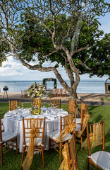 Wedding set up with ocean view. Tropical destination wedding concept
